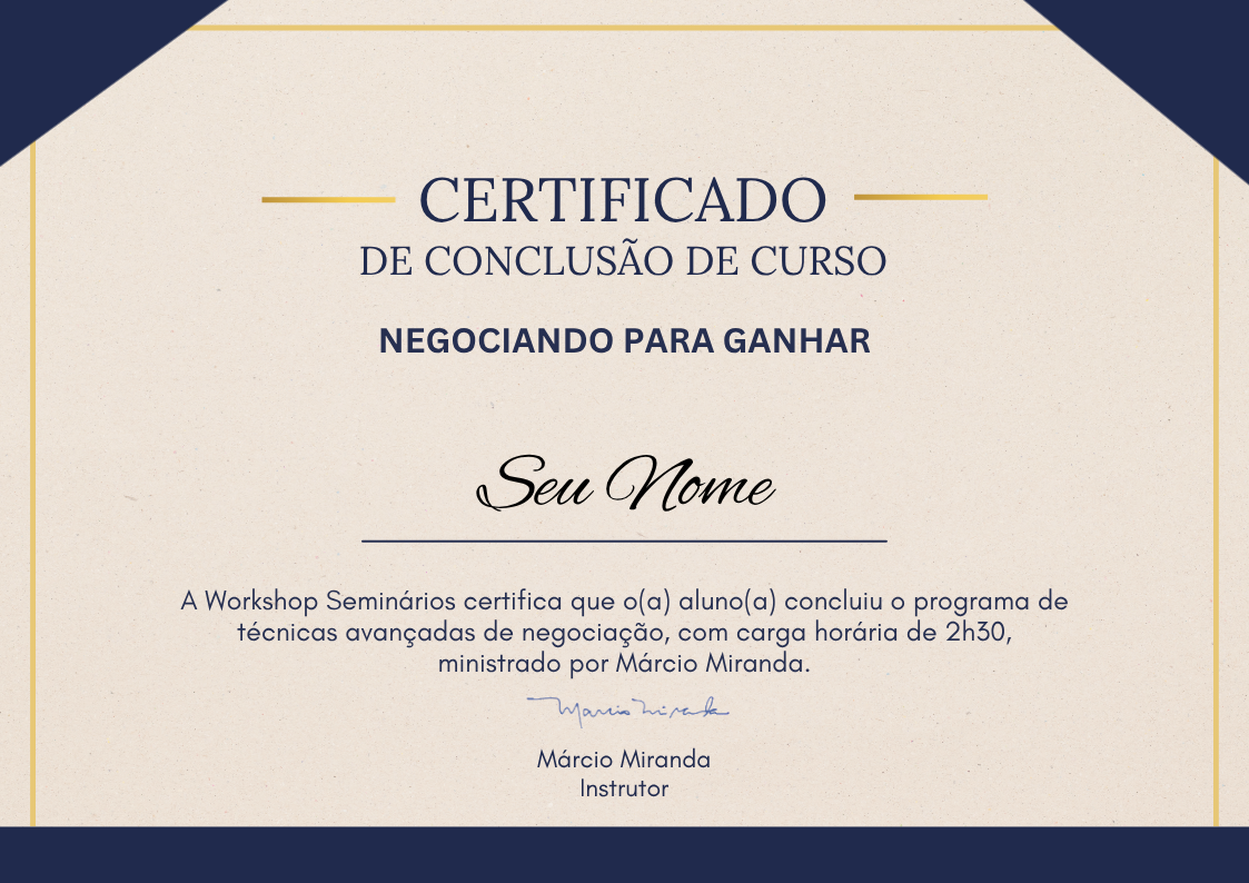 Certificado de conclusão do curso Negociando para Ganhar, assinado por Márcio Miranda
